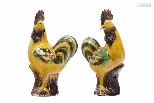 A pair of cockerelsChinese porcelainIncised naturalistic decoration in yellow, brown and gr