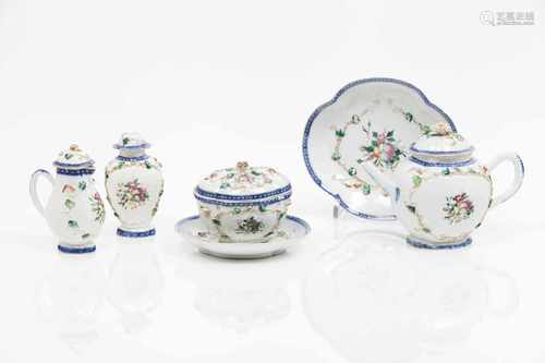 A small tureen with cover and trayChinese export porcelainRaised and polychrome floral and