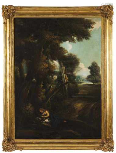 French school, 19th centuryLandscape with the penitent MagdaleneOil on canvasLabel for
