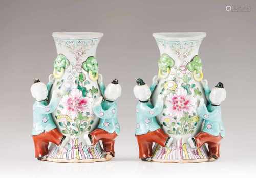 A pair of wall flower vasesChinese export porcelainMolded and Famille Rose decoration depic