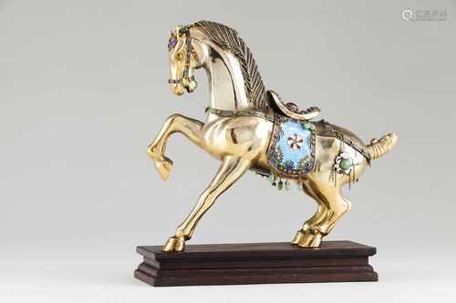 A horseIndian gilt silverSculpture with polychrome enamels and hardstone decorationFili