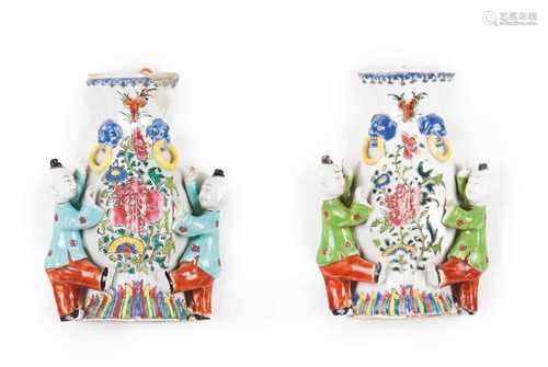 Two hanging flower vasesChinese export porcelainPolychrome and relief decoration depicting