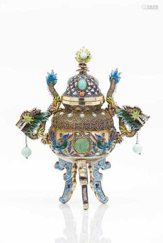 A scent burnerChinese gilt silverProfuse polychrome enamels and hardstones decorationDr