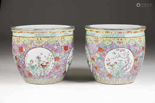 A pair of large fish bowlsChinese porcelainPolychrome and gilt decoration with landscape, g