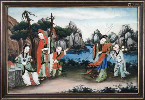 Chinese school, 19th centuryInner patio with figuresReverse painted glassQing dynasty,