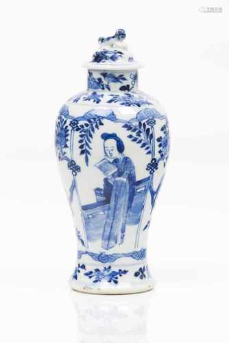 A pair of pots and coversChinese porcelainBlue underglaze decoration with garden view, fema