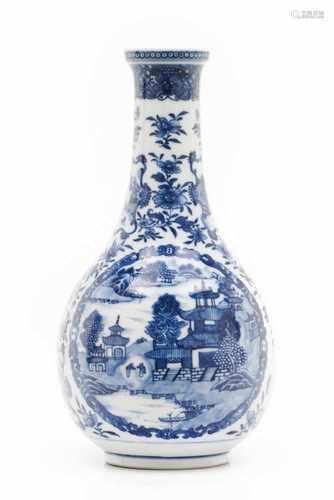 A bottleChinese export porcelainBlue underglaze decoration of floral motifs and river view