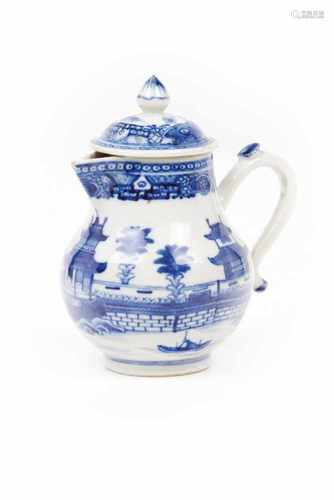 A small milk jug with coverChinese export porcelainBlue underglaze decoration depicting lan