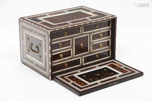 An Indo-Portuguese writing caseGold underlined tortoiseshell coated teak with ivory and ebony f