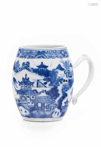 A mugChinese export porcelainBlue and white decoration of pagodas and river viewsQianlo