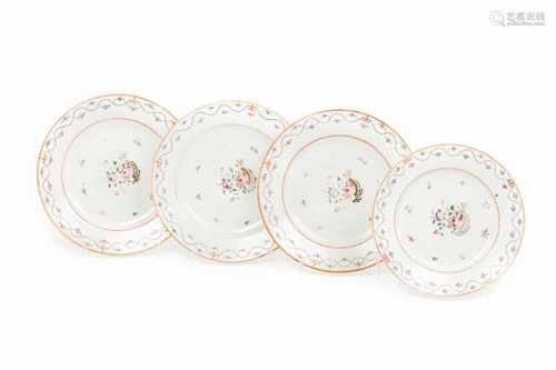 A set of three dinner and one soup platesChinese export porcelainFloral and garland 