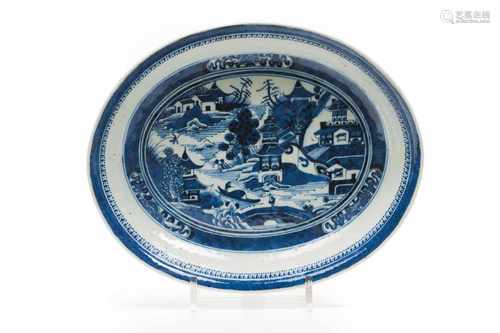 A serving trayChinese porcelainBlue underglaze decoration of river view with pagodasDao