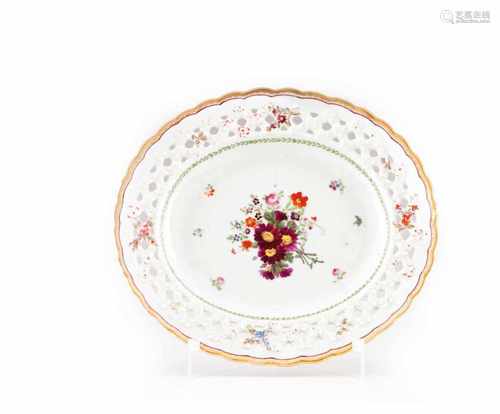 Pierced lip oval serving tray Chinese export porcelainFloral polychrome and gilt decoration