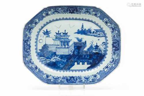 An octagonal serving trayChinese export porcelainBlue underglaze decoration of landscape wi