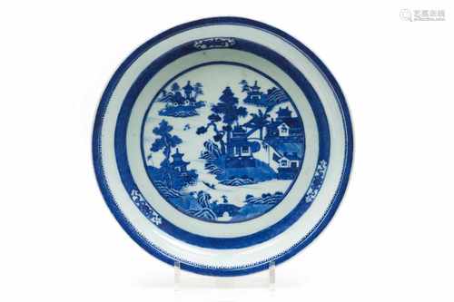 A large plateChinese porcelainBlue underglaze decoration of river view with pagodasDaog