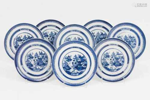 A set of eight platesChinese porcelainBlue underglaze decoration of river views and pagodas