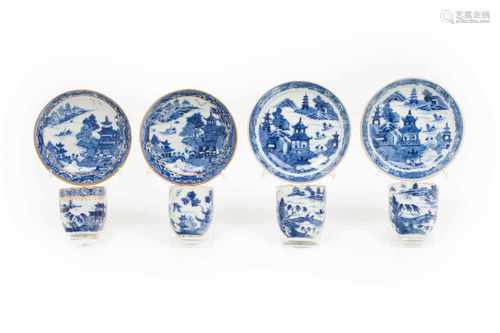 A set of four coffee cups and saucersChinese export porcelainBlue underglaze decoration of