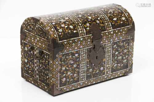 A Namban casketLacquered woodOf regular shaper with rounded bahut lidPanelled Namba