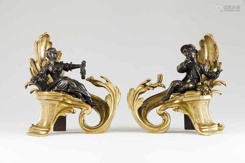 A pair of firedogsGilt and patinated bronzeDecorated with pair of courting figuresMarke