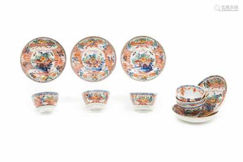 A set of six bowls and five saucersChinese export porcelainPolychrome and gilt floral and p