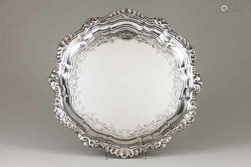 A salverPortuguese silverPlain base of engraved band and grooved and scalloped acanthus dec