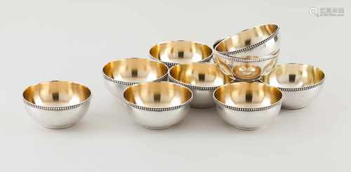 Ten fingerbowlsPortuguese silverPlain body of beaded lip and gilt interiorLisbon hallma