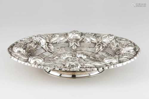 An oval fruit bowlPortuguese silverBasket weave base of repousse roses and foliage decorati