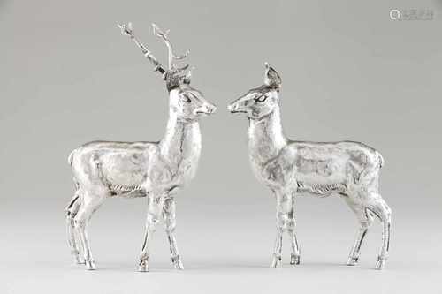 A pair of deerSpanish silverRaised and engraved sculpturesSpanish hallmarks 950/1000br