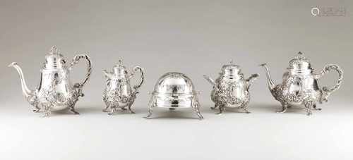 A tea and coffee setTeapot, coffee pot, milk jug, sugar bowl and butter dish (5 pieces) of