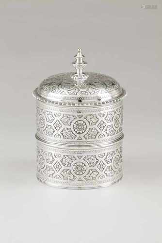 A boxPortuguese silverCylindrical body and cover entirely engraved with oriental inspired f