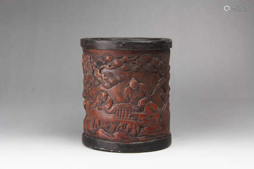 A CHINESE TIN COATING CARVED BAMBOO BRUSH POT