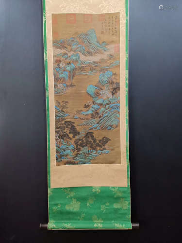 A CHINESE LANDSCAPE PAINTING SILK SCROLL, SONG MIFU MARK