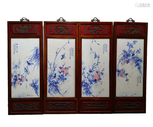 4 CHINESE FLOWER&BIRD BLUE AND WHITE PORCELAIN PLATE PAINTING HANGING SCREENS