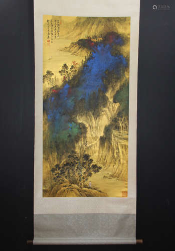 A CHINESE SPLASH-INK LANDSCAPE PAINTING AND CALLIGRAPHY SCROLL, ZHANG DAQIAN MARK