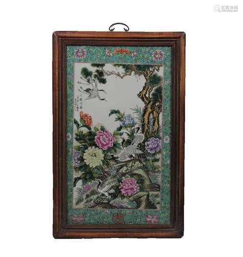 A CHINESE FAMILLE ROSE FLOWER&BIRD PORCELAIN PLATE PAINTING HANGING PLAQUES, WANG HETING MARK