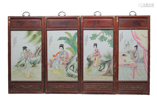 4 CHINESE YELLOW FAMILLE ROSE FIGURES PAINTING SCREENS