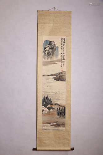 A CHINESE LANDSCAPE PAINTING SCROLL, QI BAISHI MARK