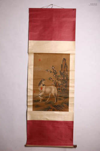 A CHINESE HORSE PAINTING SILK SCROLL, LANG SHINING MARK