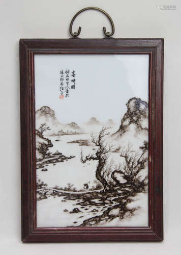 A CHINESE LANDSCAPE PORCELAIN PLATE PAINTING HANGING PLAQUE, WANG YETING MARK