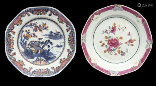 TWO QING DYNASTY OCTAGONAL FAMILLE ROSE DISHES 22,…