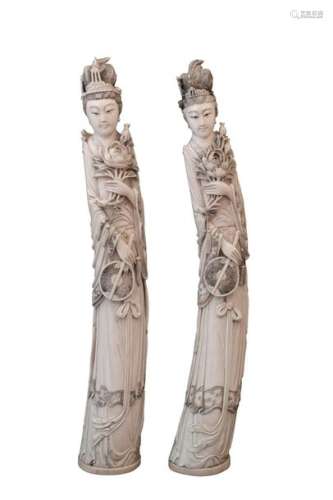 A PAIR OF LARGE IVORY CARVED STANDING LADIES China…