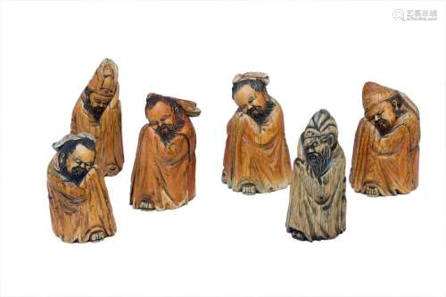 SIX IVORY CARVINGS OF SLEEPING SAGES China, early …