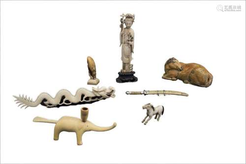 SIX IVORY CARVINGS AND A MINIATURE SWORD WITH SCAB…