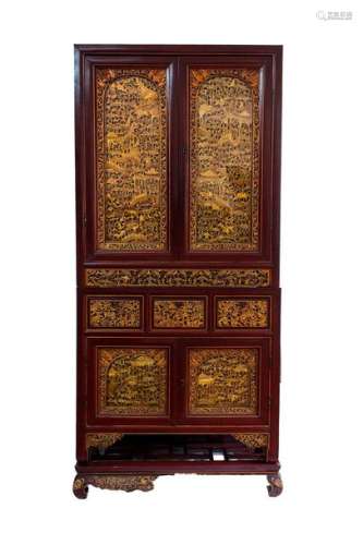A STRAIT CHINESE LACQUERED AND GILT CARVED WOOD CA…
