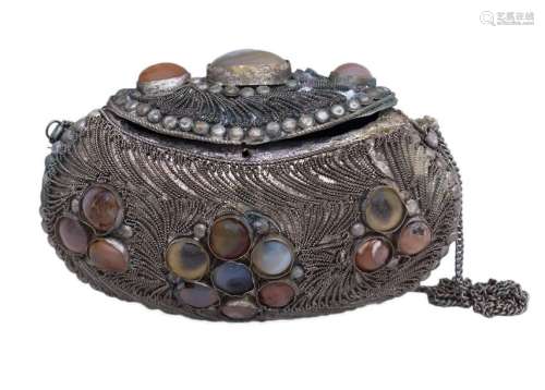 A INDONESIAN HARDSTONE INLAY SILVER PURSE early to…