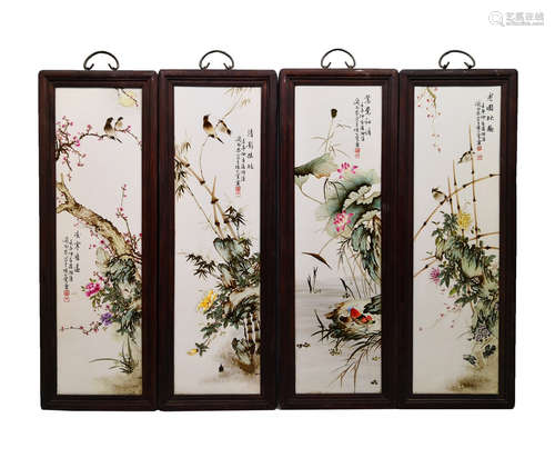 4 CHINESE FAMILLE ROSE PORCELAIN PLATE PAINTING SCREENS, LIU YUCEN MARK