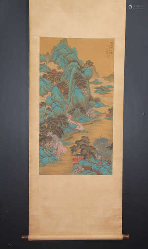 A CHINESE LANDSCAPE PAINTING AND CALLIGRAPHY SILK SCROLL, WANG ZHENPENG MARK