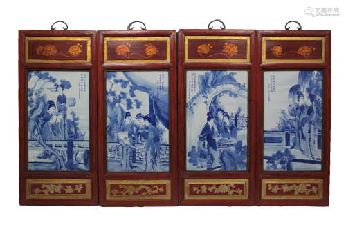4 CHINESE BLUE&WHITE PORCELAIN PLATE PAINTING SCREENS,
