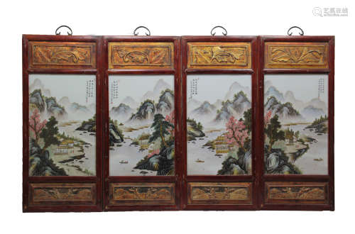 4 CHINESE FAMILLE ROSE LANDSCAPE PORCELAIN PLATE PAINTING SCREENS,ZHANG ZHISHANG MARK