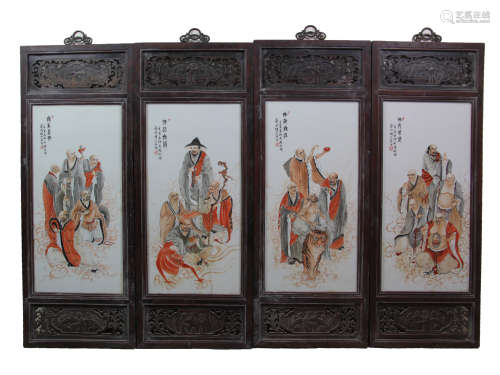 4 CHINESE INK COLOR ARHAT PAINTING SCREENS, ZHOU XIANGFU MARK